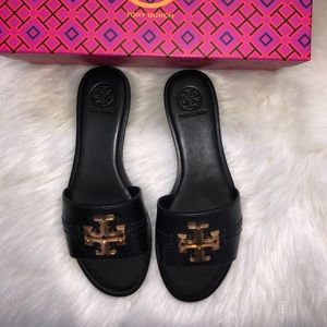 Tory Burch Everly Calf Leather Gold Signature Logo Slide